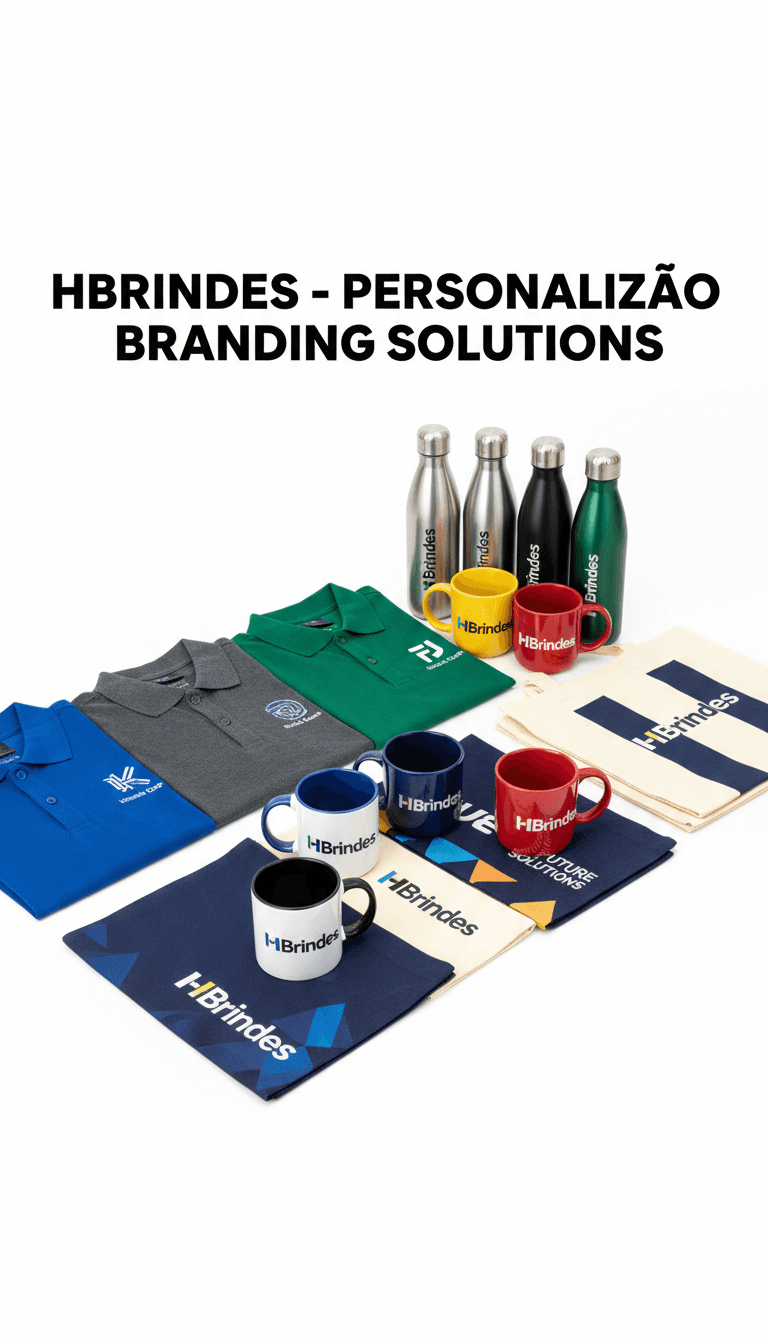 Array of branded merchandise including polo shirts, mugs, tote bags, and water bottles arranged on white surface